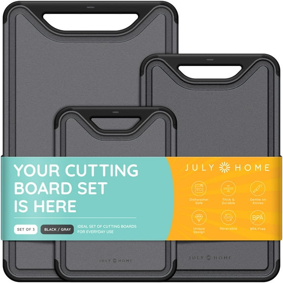 Cutting Boards for Kitchen - Plastic Cutting Board Set of 3, Dishwasher Safe Cutting Boards with Juice Grooves, Thick Chopping Boards for Meat, Veggies, Fruits, Easy Grip Handle, Non-Slip (Black/Gray)