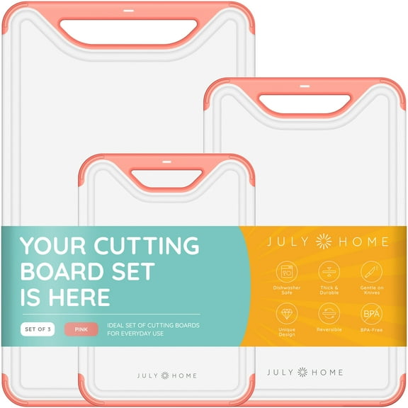 Cutting Boards for Kitchen - Plastic Cutting Board Set of 3, Dishwasher Safe Cutting Boards with Juice Grooves, Thick Chopping Boards for Meat, Veggies, Fruits, Easy Grip Handle, Non-Slip (Pink)