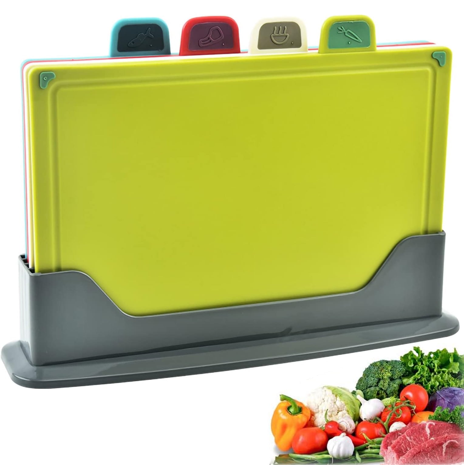 Cutting Boards for Kitchen,Plastic Cutting Board Set of 4, Thick Chopping Boards with Storage Shelf for Meat, Veggies, Fruits,BPA Free,Anti-Skid and Easy to Clean,Dishwasher Safe (4 Color)