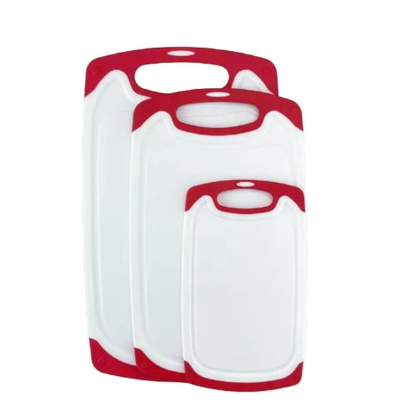 Cutting Boards for Kitchen w/Juice Groove, Non Slip Handles, Reversible - Plastic Cutting Board Set of 3, Dishwasher Safe Cutting Boards for Chopping Meat, Veggies, Fruits, Non-Slip (White/Red)