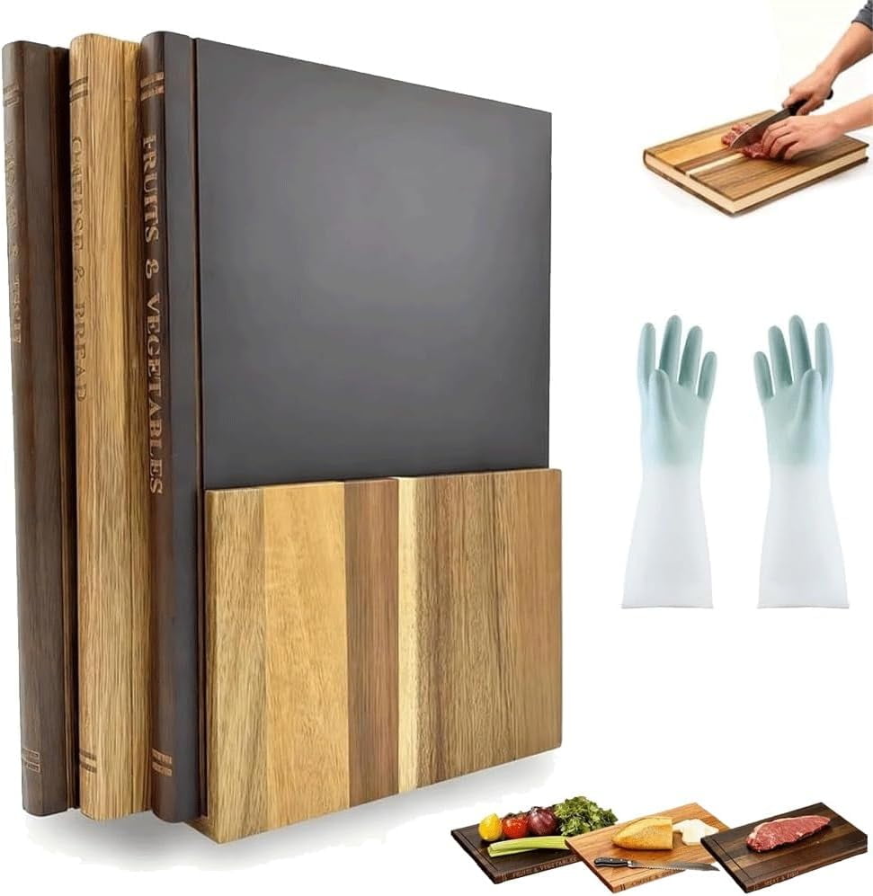 Cutting Boards That Look like Books, Wood Book Cutting Board Set of 3 with Stand, Wood Chopping Boards Decorative Library Style, Cheese Bread Meat Vegetable Prep and Serving Boards(1pc)