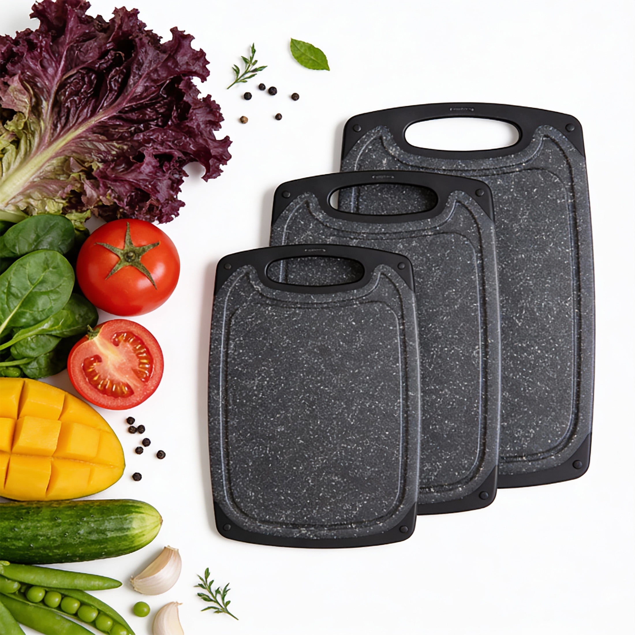 Cutting Boards, Plastic Cutting Boards(Set of 3), Cutting Board Set for Kitchen, Professional Chopping Boards Set with Juice Grooves Easy-Grip Handles, Dark Grey