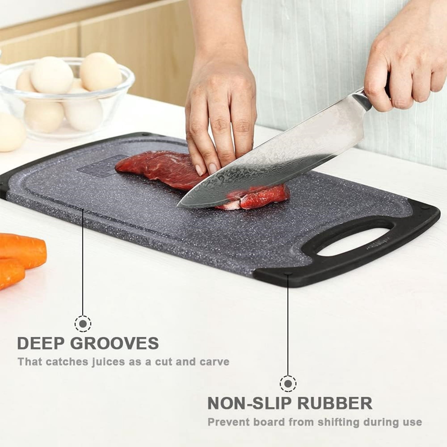 Cutting Boards for Kitchen, Large-Small Cutting Board Set of 3, Juice Groove, Easy Grip Handle, Non-Slip Rubber Cutting Board