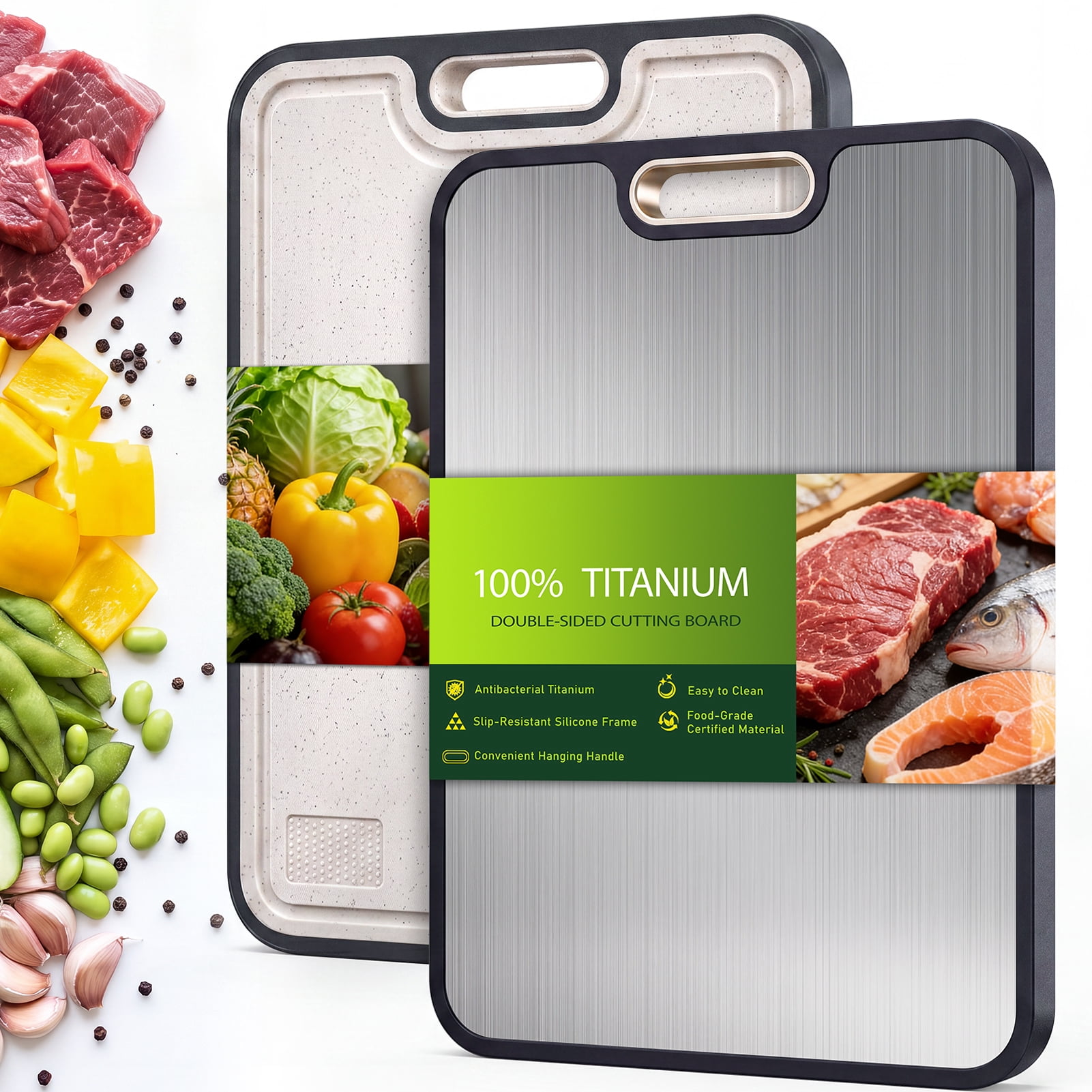 Titanium Cutting Board, Metal Cutting Boards for Kitchen, Double Sided Titanium & PP, Food Grade Chopping Board for Meat & Vegetables, Non-Slip Edge, Easy to Clean, Large 15.110.4, 1 Pack