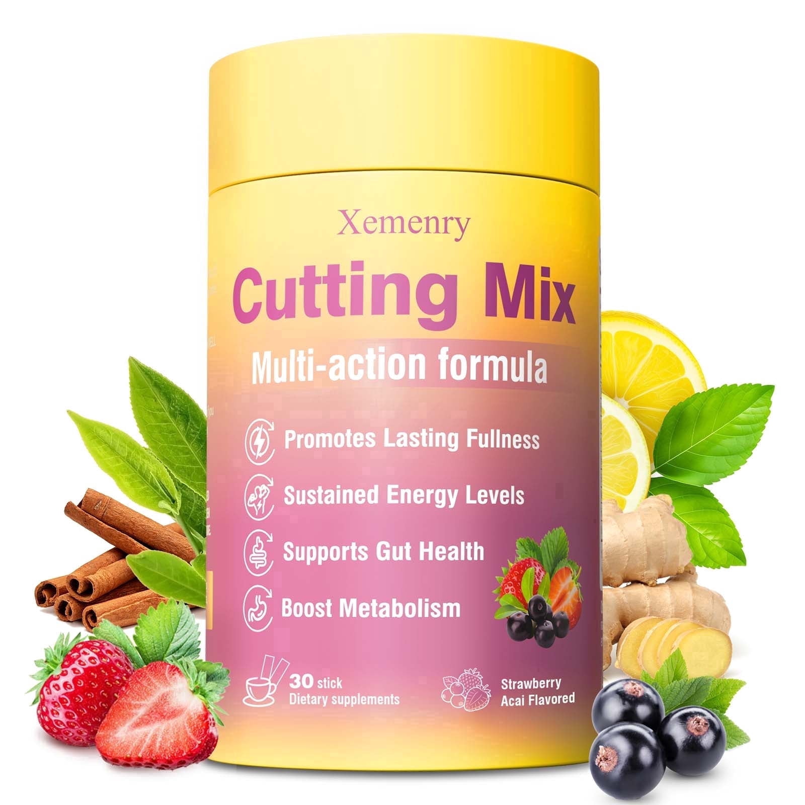 Cutting Mix Drink - with Berberine, Chromium, Yerba Mate & 5-HTP - Supports Satiety, Energy & Gut Health, Promote Metabolism -Strawberry Acai - 30 Sticks