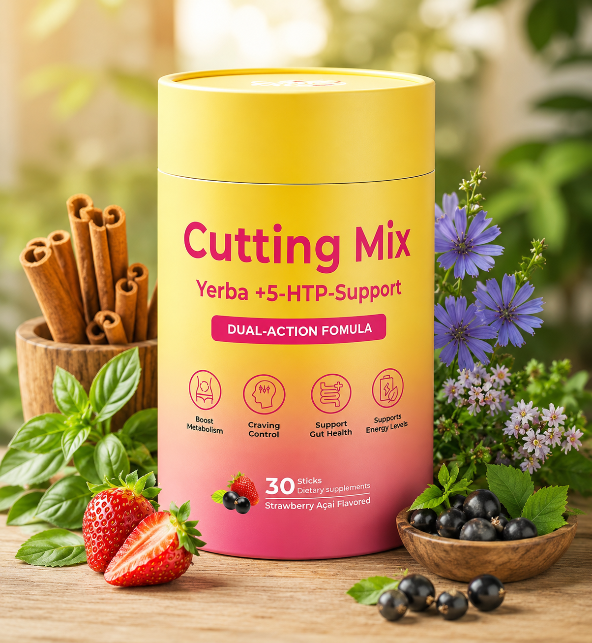 Cutting Drink Mix Strawberry Açaí Flavor Sticks | Daily Wellness Beverage Mix with Yerba Mate, FOS & Chromium | Sugar-Free Energy & Digestive Support Drink | Vegan & Non-GMO | 30 Stick Packs