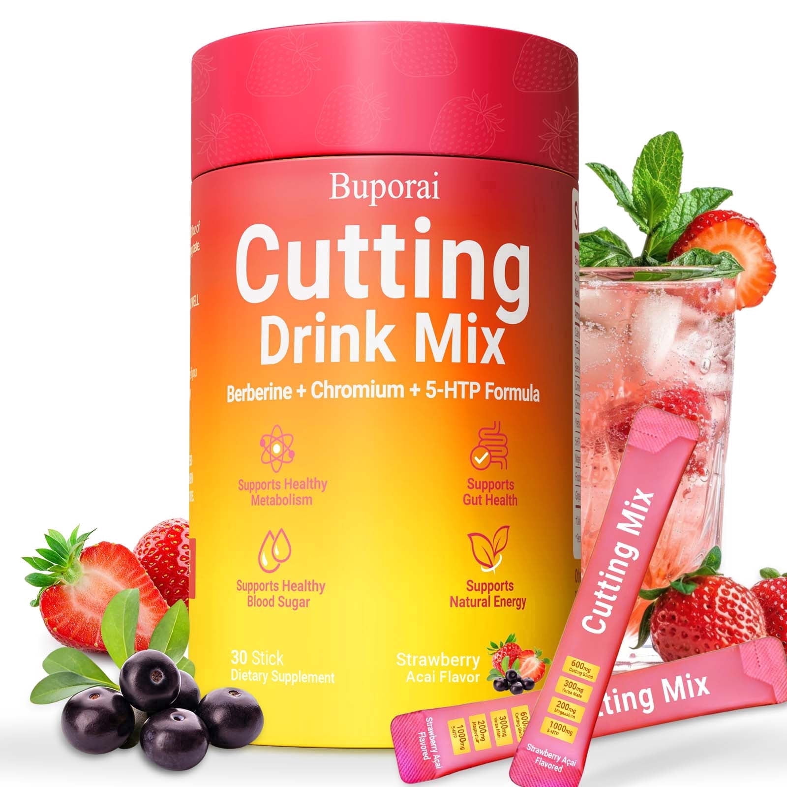 Cutting Drink Mix - with Berberine, 5-HTP, Yerba Mate & Magnesium - Healthy Weight Management & Gut Health - Vegan, Sugar-Free