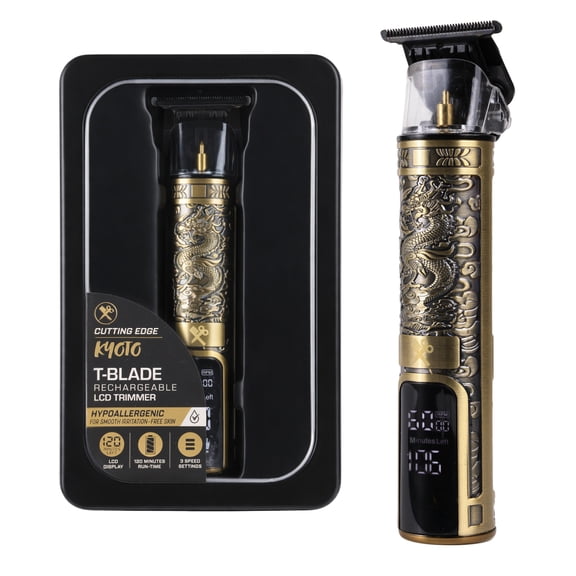 Cutting Edge Kyoto T-Blade Rechargeable Beard Trimmer for Men, Hair & Detail Grooming, LCD Display, 120 Min Runtime, 3 Speeds, 4 Guide Combs, Cordless Hair Clipper