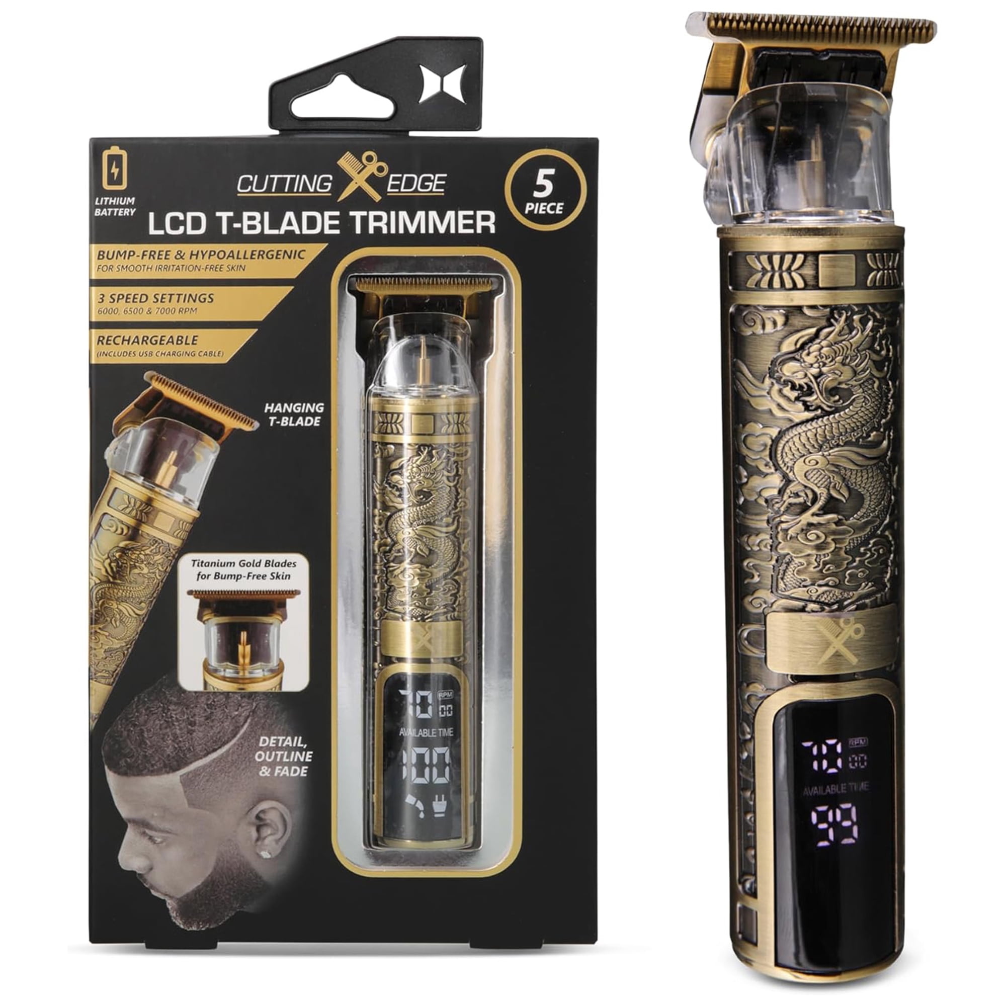 Cutting Edge LCD Rechargeable Zero-Gap T-Blade Hair & Beard Trimmer for Men  w/ Dragon Design - Walmart.com