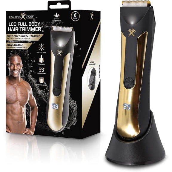 Cutting Edge Body Trimmer for Men, Waterproof Body Hair Trimmer with Adjustable Guide Comb & Light, Ceramic Blade, LCD Indicator, Rechargeable 90 Minute...