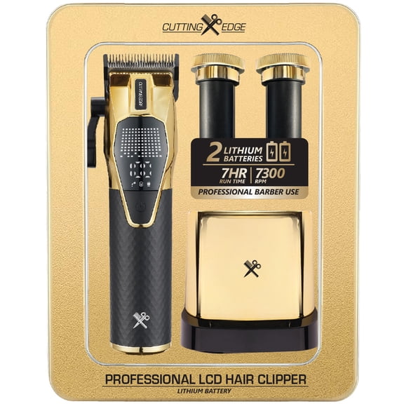 Cutting Edge Professional Hair Clipper with LCD Display, Rechargeable Cordless Hair Trimmer for Men with 7HR Run Time, 2 Detachable Lithium Batteries, 7300 RPM Motor, 6 Guide Combs, Gold/Black