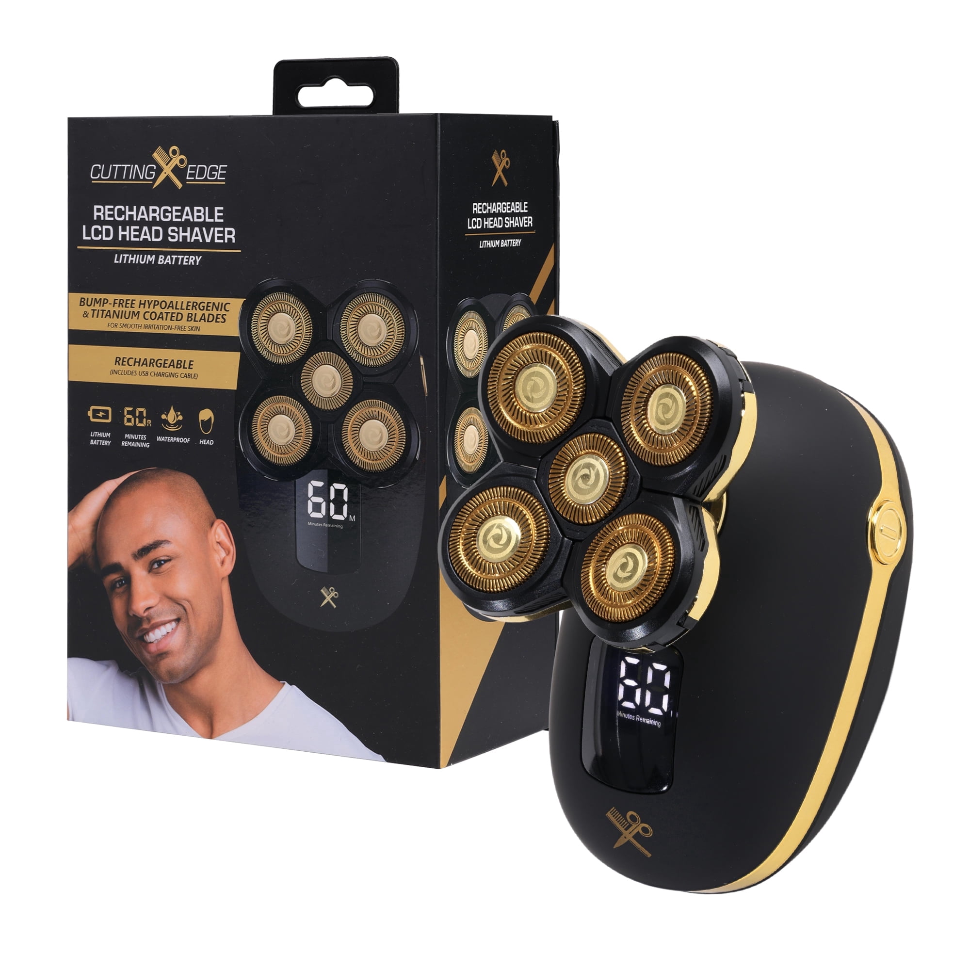 Cutting Edge Rechargeable Head Shaver for Men, 5 Pivoting Rotary Heads, Wet & Dry Waterproof Electric Head Razor, LCD Display, Hypoallergenic Titanium Coated Blades, USB Charging