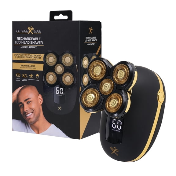 Cutting Edge Rechargeable Head Shaver for Men, 5 Pivoting Rotary Heads, Wet & Dry Waterproof Electric Head Razor, LCD Display, Hypoallergenic Titanium Coated Blades, USB Charging