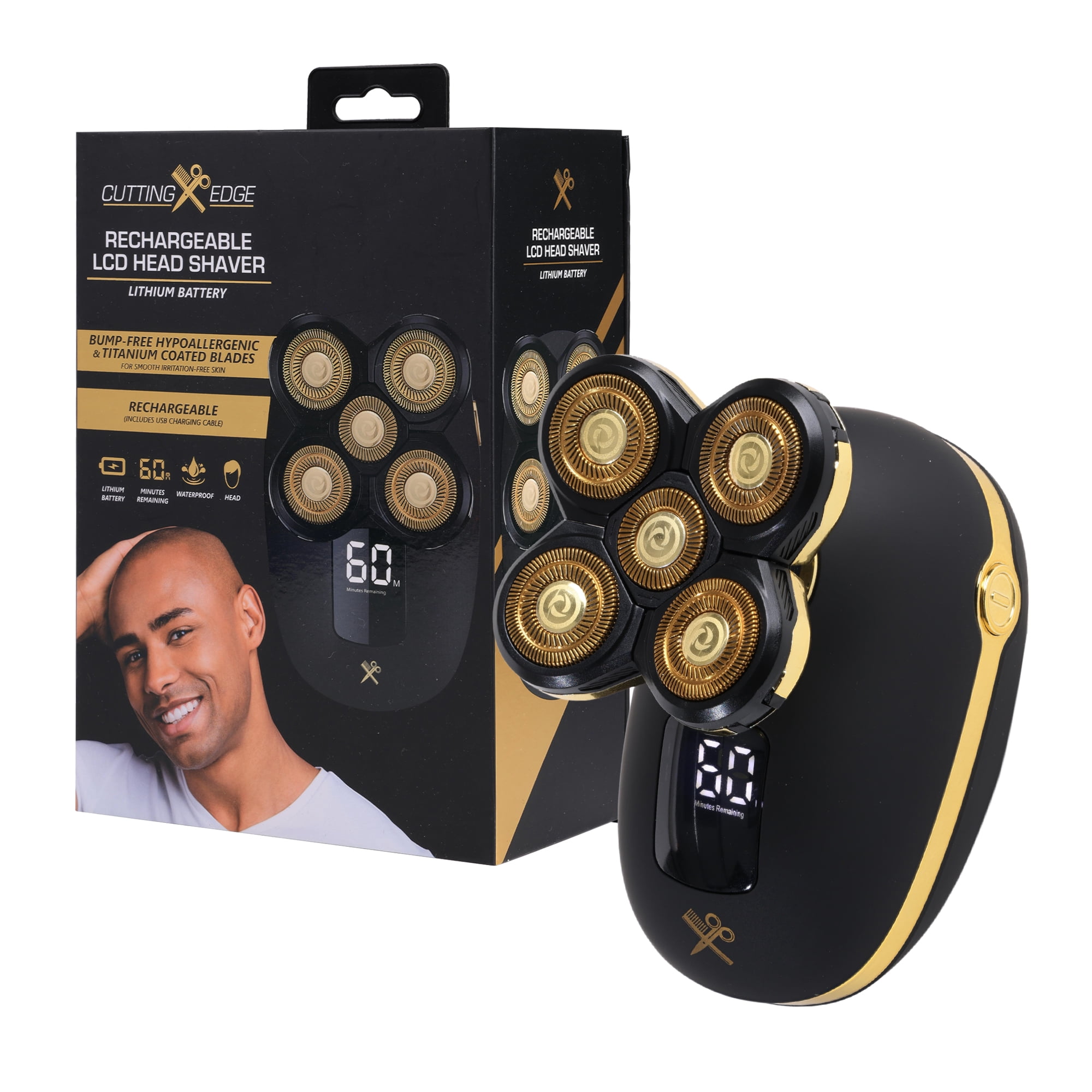 Cutting Edge Rechargeable Head Shaver for Men, 5 Pivoting Rotary Heads, Wet & Dry Waterproof Electric Head Razor, LCD Display, Hypoallergenic Titanium Coated Blades, USB Charging