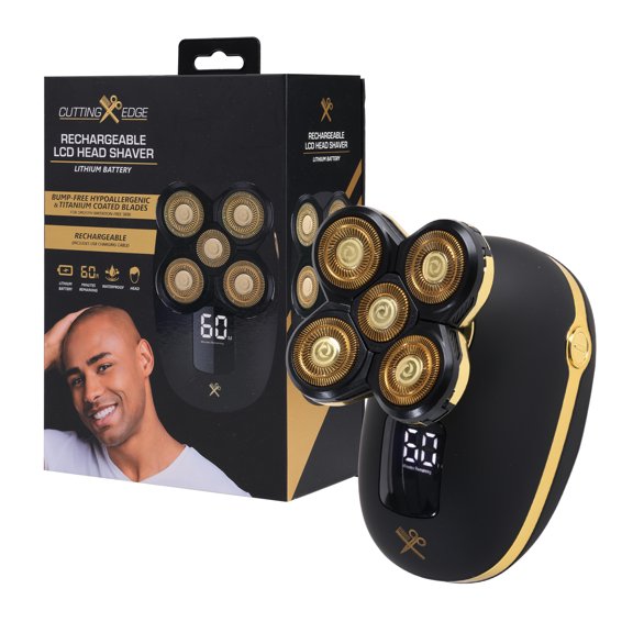 Cutting Edge Rechargeable Head Shaver for Men, 5 Pivoting Rotary Heads, Wet & Dry Waterproof Electric Head Razor, LCD Display, Hypoallergenic Titanium Coated Blades, USB Charging