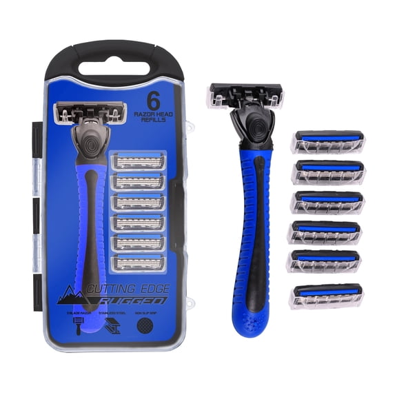 Cutting Edge Rugged Men’s 3-Blade Manual Razor with 6 Refill Cartridges, Pivoting Head, Moisturizing Strip, Stainless Steel Blades and Non-Slip Handle, Blue