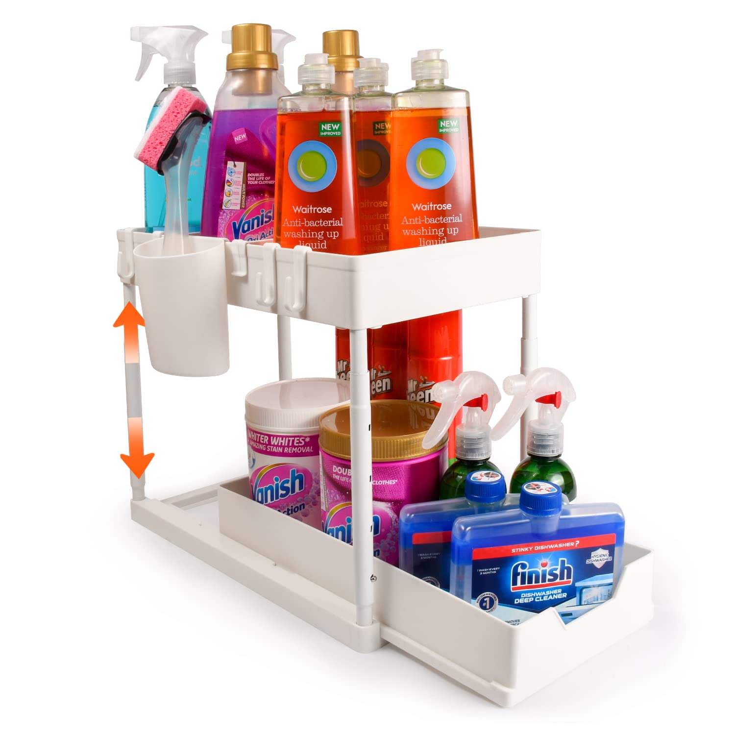 Cutting Ej Under Sink Organizer and Storage - 2 Tier Adjustable Height Kitchen, Bathroom, Pantry Storage & Organization Shelves - Pull Out Under Cabinet Organizer for Kitchen Cleaning Supplies, White