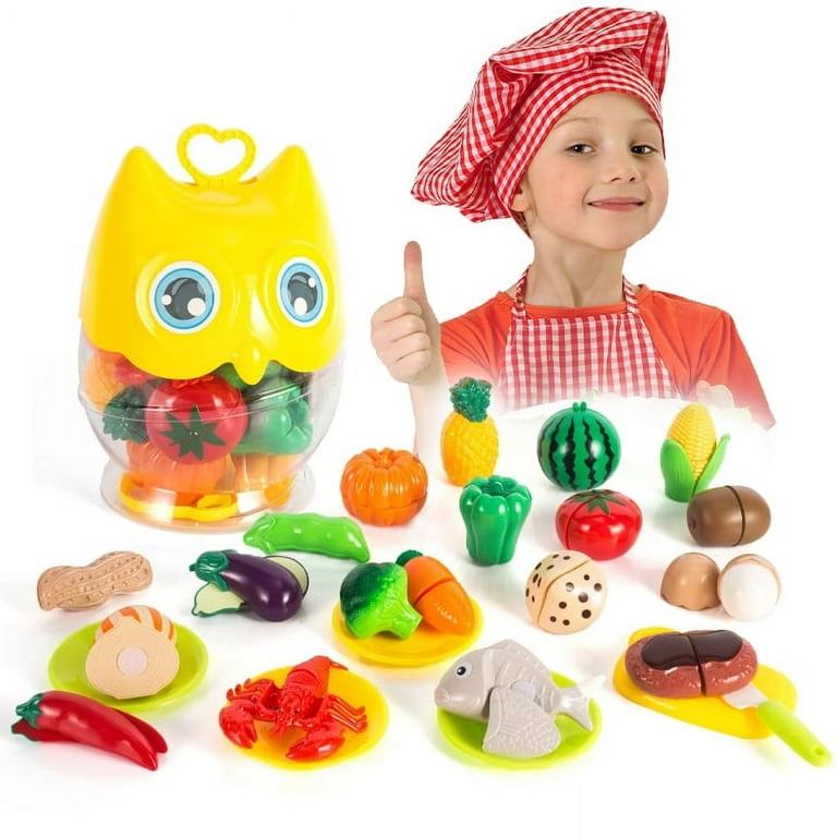 Cutting Food Play Set Barrel Toys, for Kids Pretend Kitchen Toys Cutting Fruits Vegetables Toy with Knives, Cutting Board, Plates, Storage Container