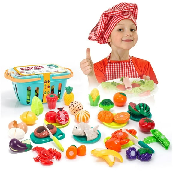 Cutting Play Food Set for Kids with Basket Kitchen Toys Boys and Girls Ages 3+ 62 Pcs by Mundo Toys