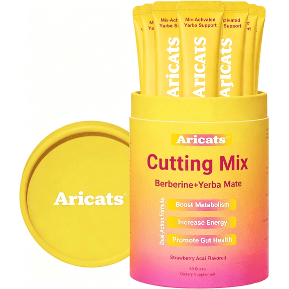 Cutting Mix Berberine + Yerba Mate, Strawberry Aa Blend, 30 Stick Packs, Vegan Dietary Supplement , Magnesium & FOS for Metabolism and Energy Support