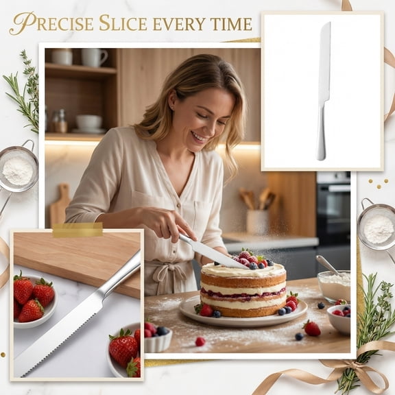 Cutting Model, Stainless Steel, Serrated Edge, Slicing Guide Compatibility, Wedding Cake Cutting, Stainless Steel Flatware Set, 8 In, 1 Pc