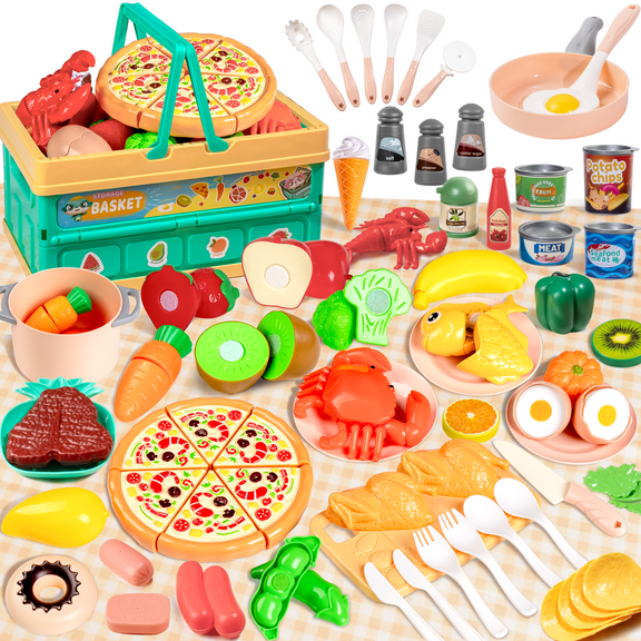 Gijjgole Pretend Play Food for Kids Kitchen - 94Pc Cutting Toy with Storage Bag, Toys Veggies, Fruits, Fake Pizza Toy, Food, Accessories, Boys Girls Gift