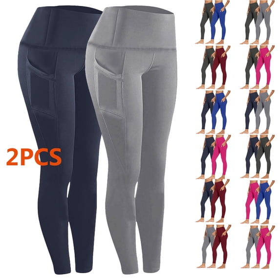 Cutuoiiu 2 Pack Yoga Leggings for Women High Waist Solid Color Wide Waistband Side Pocket Stretch Long Pants Gym Exercise Daily Walking Casual Everyday Outfit