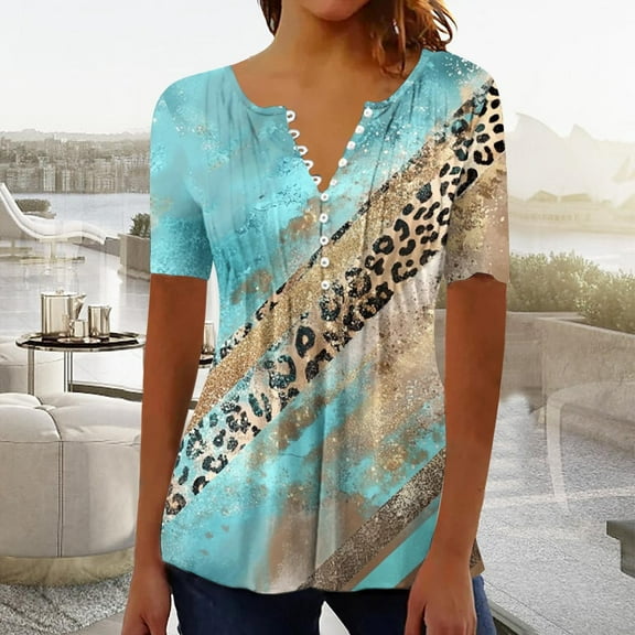 Cutuoiiu Boho Floral V-Neck Blouse - Women's Loose Fit Short Sleeve Top with Buttons Gifts