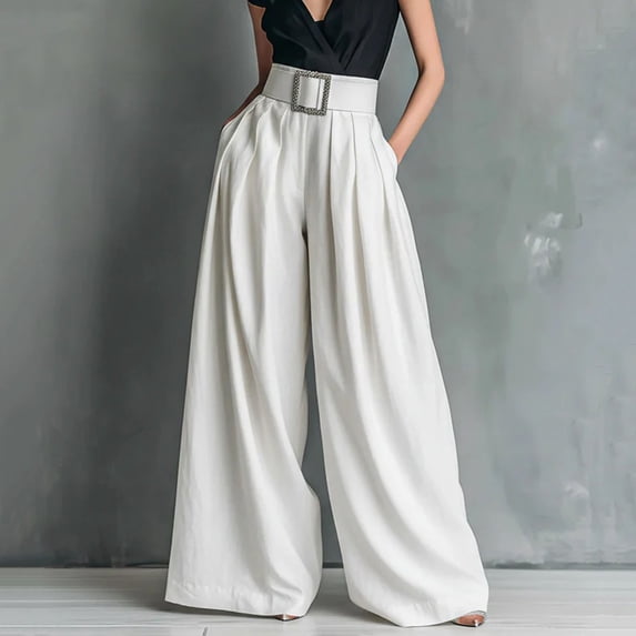 Cutuoiiu Casual Dress Pants Women Solid Color High Waist Wide Leg Palazzo Pants with Matching Belt for Office, Formal Wear