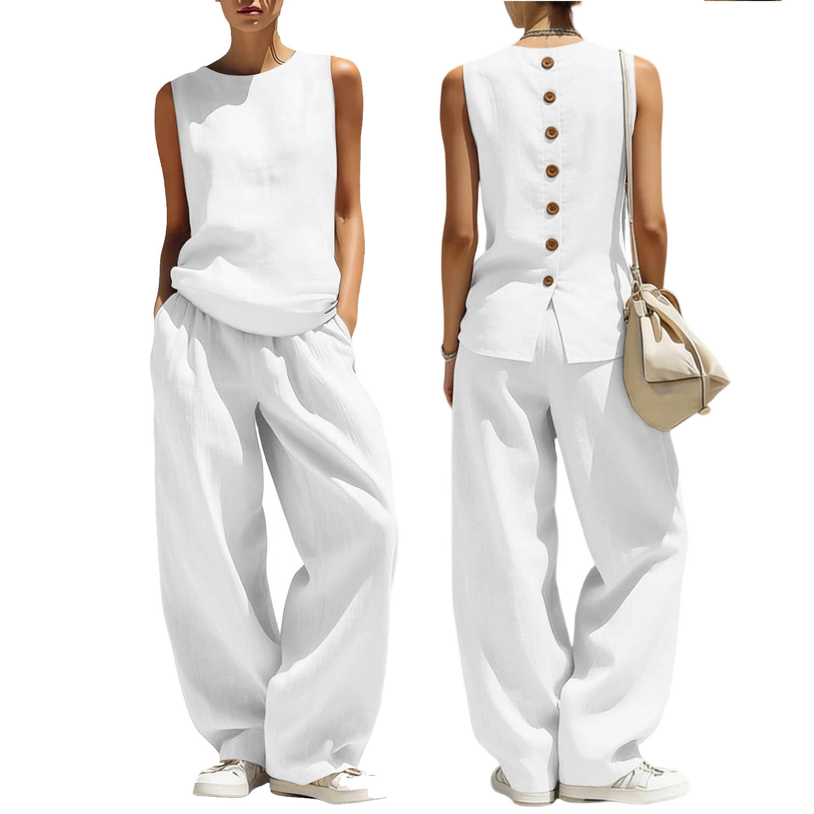 Cutuoiiu Casual Vacation Outfits for Summer Solid Color Round Neck ...