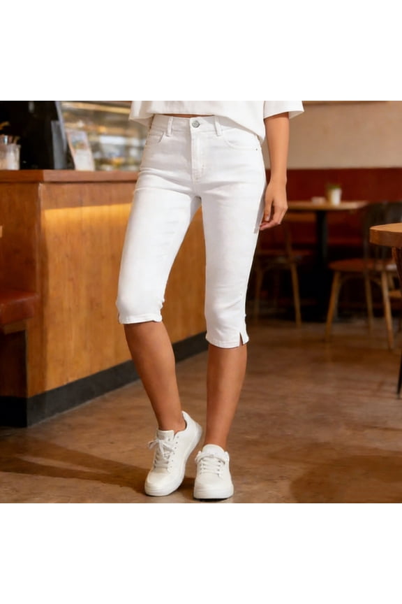 Casual Womens Capri Jeans Solid Color Denim Look High Waist with Side Slits for Daily Wear Gifts