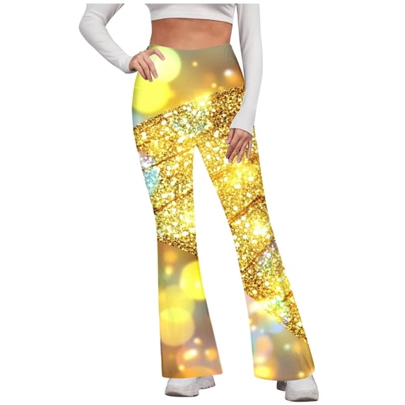 Cutuoiiu Colorful Glitter Print Women's Flared Pants High Waisted Tight Fitting Hip Shaping Stretchy Long Pants for Holiday Outings Gifts