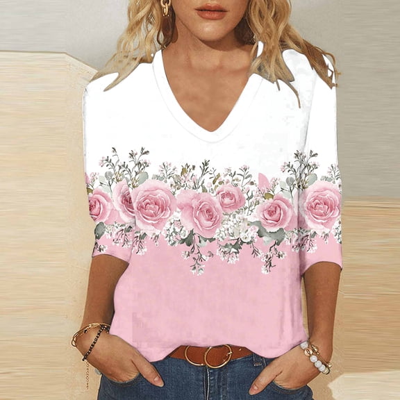 Cutuoiiu Fall Shirts for Women Crew Neck 3/4 Sleeve Casual Printed Tops Gifts