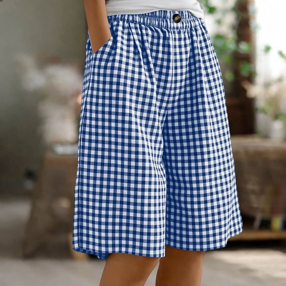 Cutuoiiu Fashion Women's Shorts Loose Gingham Plaid Print Elastic Waist with Pockets Wide Leg for Daily Travel Leisure Gifts