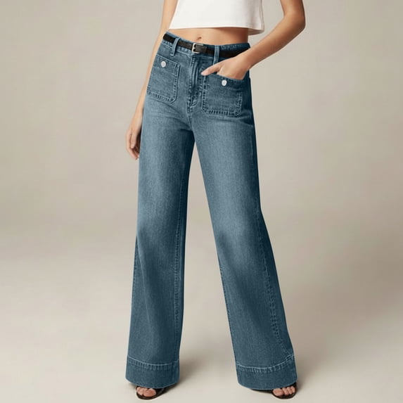 Cutuoiiu Fashion Womens Jeans High Waist Wide Leg with Patch Pockets for Daily Travel Leisure Gifts