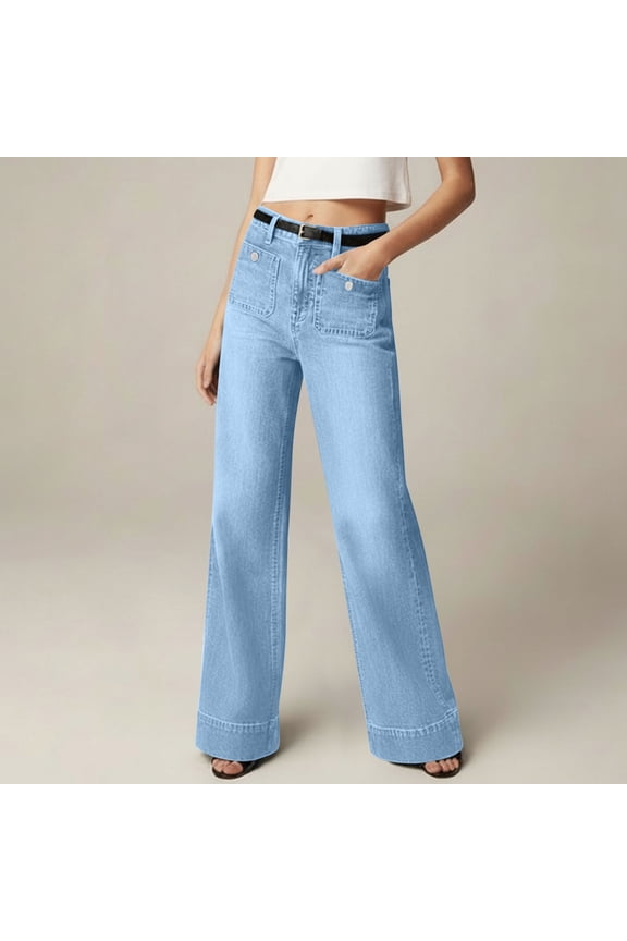 Fashion Womens Jeans High Waist Wide Leg with Patch Pockets for Daily Travel Leisure Gifts