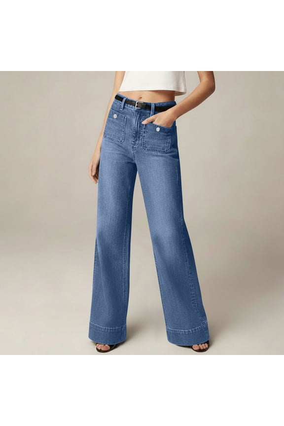 Fashion Womens Jeans High Waist Wide Leg with Patch Pockets for Daily Travel Leisure Gifts
