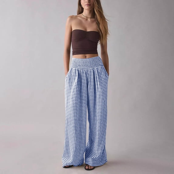 Cutuoiiu Fashion Womens Pants Gingham Plaid Print Loose Elastic Waist with Pockets Wide Leg for Daily Travel Leisure Gifts