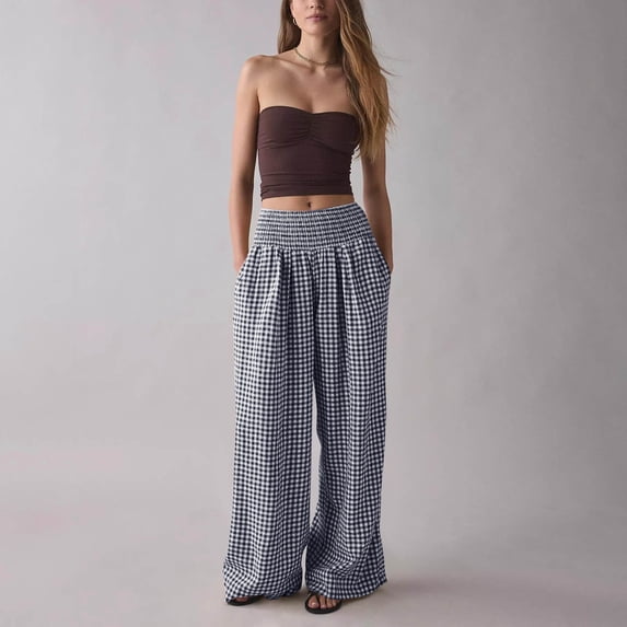 Cutuoiiu Fashion Womens Pants Gingham Plaid Print Loose Elastic Waist with Pockets Wide Leg for Daily Travel Leisure Gifts
