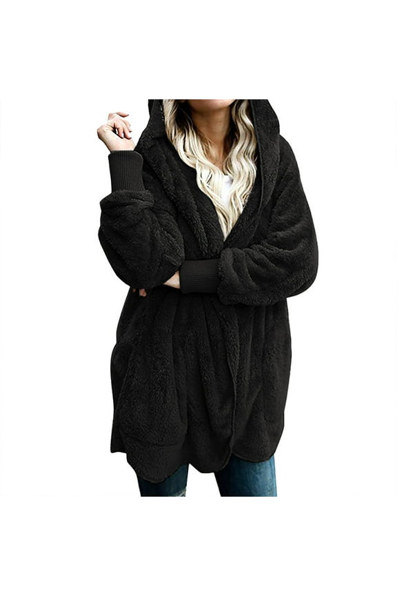 Fuzzy Jackets for Women Plus Size Hoodie Open Front Draped Pockets Hooded Cardigan Coat Gifts