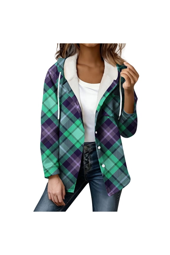 Jackets for Women Casual Winter Plaid Fleece Lined Button Long Sleeve Warm Hooded Jackets Gifts