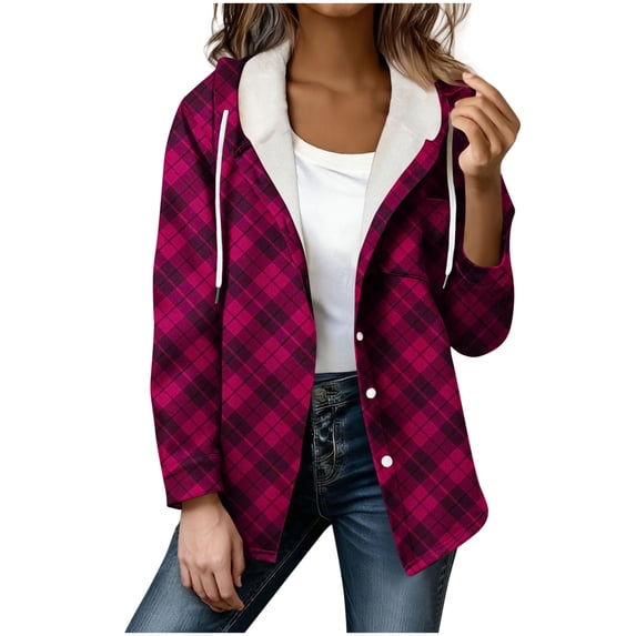 Cutuoiiu Jackets for Women Casual Winter Plaid Fleece Lined Button Long Sleeve Warm Hooded Jackets Gifts