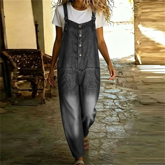 Cutuoiiu Jumpsuit for Women Solid Color Faux Denim Print Loose Wide Leg Full Length Casual Overalls with Side Pockets Relaxed Fit Plus Size Beach Jumpsuit for Everyday Casual Activities