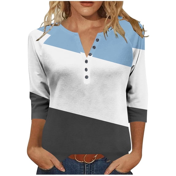 Cutuoiiu Loose 3/4 Sleeve Tops for Women Button V Neck Casual Tshirts Gifts