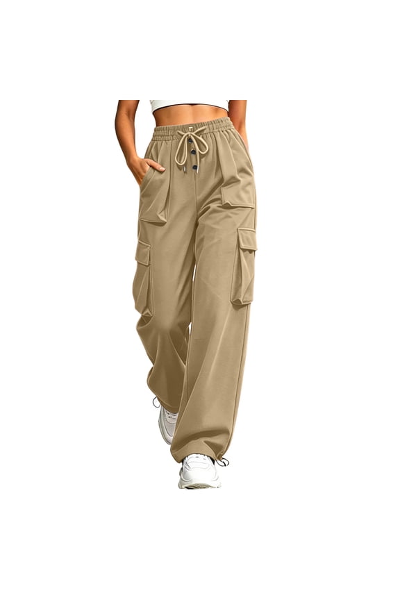 Pants for Women Plus Size Solid Color Cargo Jogger Pants with Drawstring, High Waist Casual Pants with Multiple Pockets for Summer Outdoor Hiking