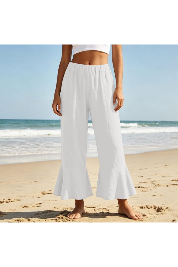 Pants for Women Plus Size Solid Color Cotton Linen Elastic High Waist Wide Leg Capri Pants Ruffle Flared Hem Casual Cropped Trousers with Side Pockets for Summer Beach Vacation Daily Wear