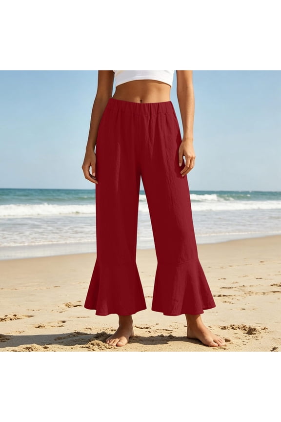 Pants for Women Plus Size Solid Color Cotton Linen Elastic High Waist Wide Leg Capri Pants Ruffle Flared Hem Casual Cropped Trousers with Side Pockets for Summer Beach Vacation Daily Wear