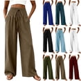 thumbnail image 1 of Cutuoiiu Pants for Women Solid Color Loose Wide Leg Casual Pants Smocked High Waist with Drawstring Side Pocket Lightweight Spring Fall Summer Beach Daily Wear, 1 of 7