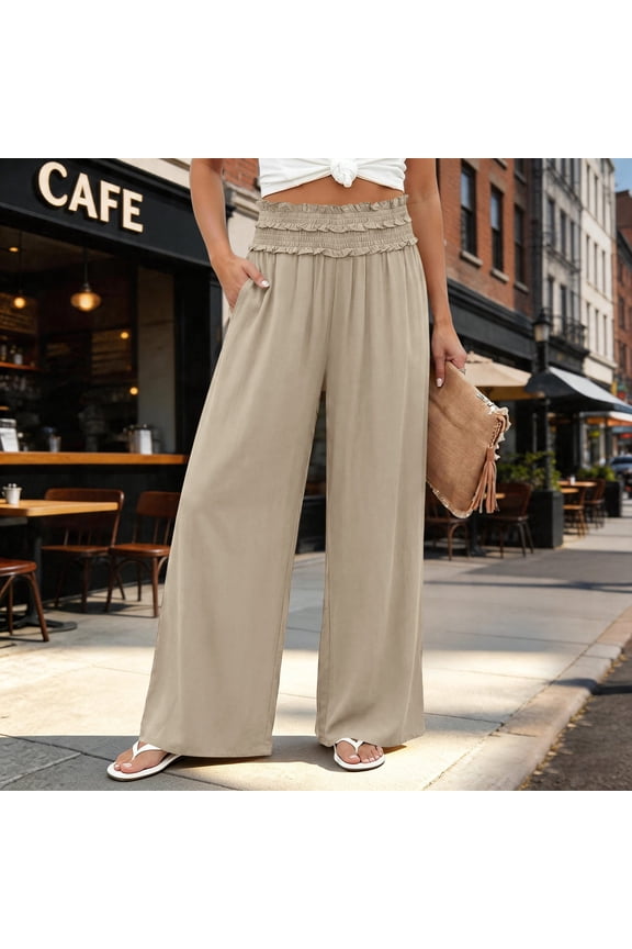 Pants for Women Solid Color Ruffled High Waist Wide Leg Palazzo Pants Elastic Smocked Waist Casual Cotton Pants with Side Pockets Plus Size Available for Summer Beach Daily Wear