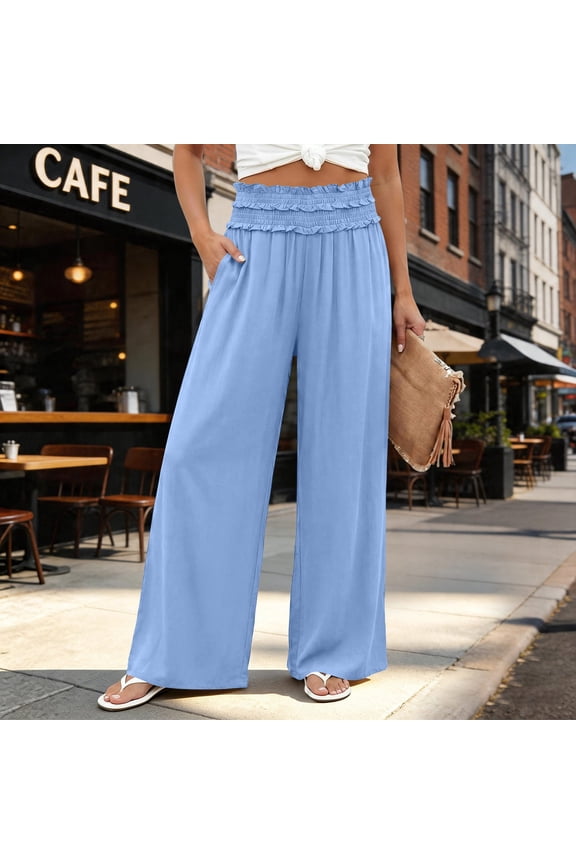 Pants for Women Solid Color Ruffled High Waist Wide Leg Palazzo Pants Elastic Smocked Waist Casual Cotton Pants with Side Pockets Plus Size Available for Summer Beach Daily Wear